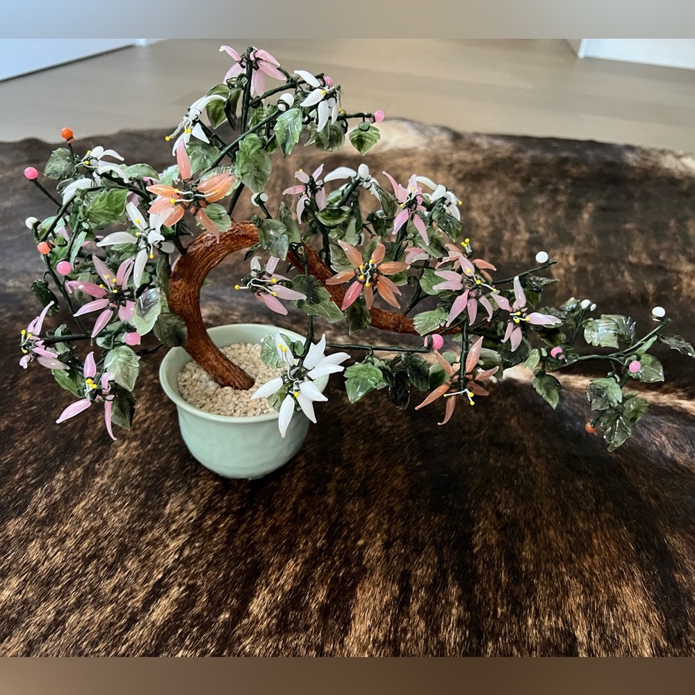 Chinese Jade Glass Agate & Hardstone Flower Bonsai Tree in Celadon Vase